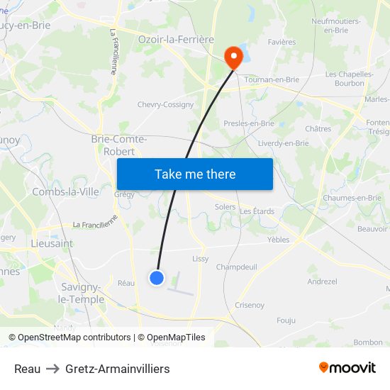 Reau to Gretz-Armainvilliers map