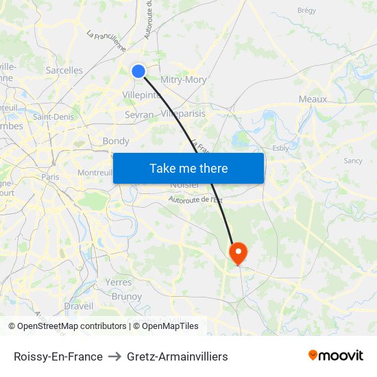Roissy-En-France to Gretz-Armainvilliers map