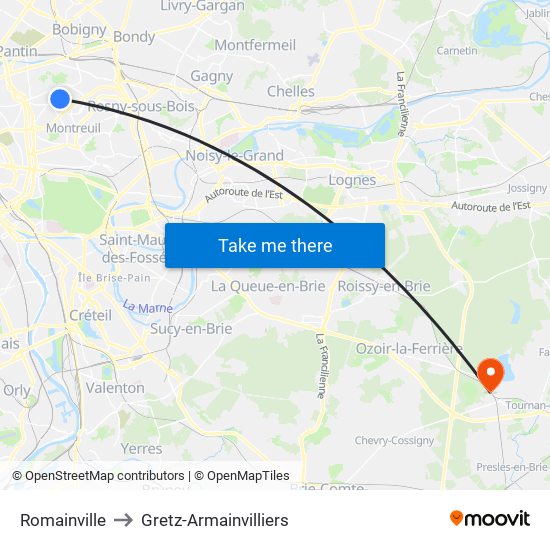 Romainville to Gretz-Armainvilliers map