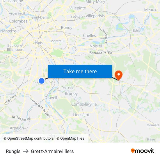 Rungis to Gretz-Armainvilliers map