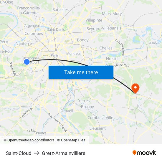 Saint-Cloud to Gretz-Armainvilliers map