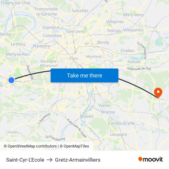 Saint-Cyr-L'Ecole to Gretz-Armainvilliers map