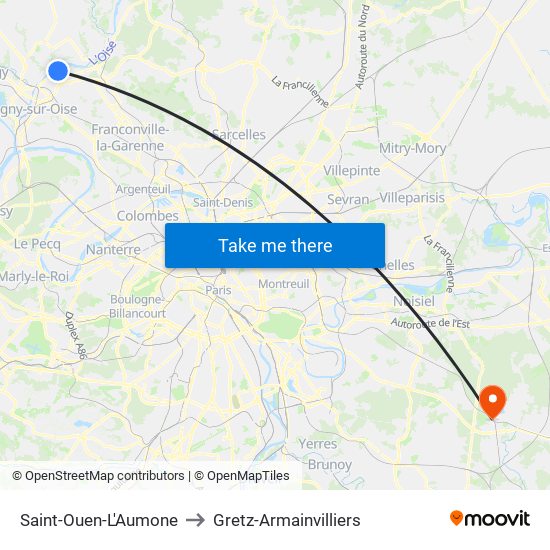 Saint-Ouen-L'Aumone to Gretz-Armainvilliers map