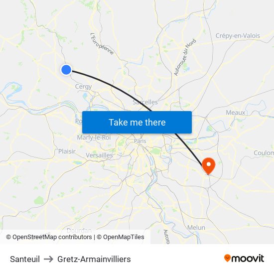 Santeuil to Gretz-Armainvilliers map