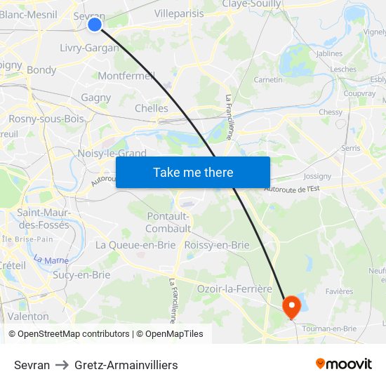 Sevran to Gretz-Armainvilliers map