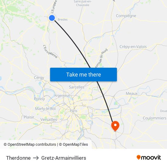 Therdonne to Gretz-Armainvilliers map