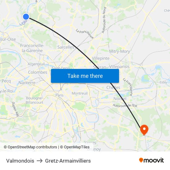 Valmondois to Gretz-Armainvilliers map