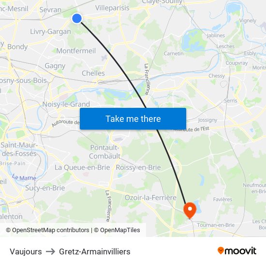 Vaujours to Gretz-Armainvilliers map