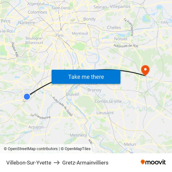 Villebon-Sur-Yvette to Gretz-Armainvilliers map