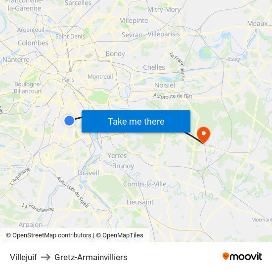 Villejuif to Gretz-Armainvilliers map