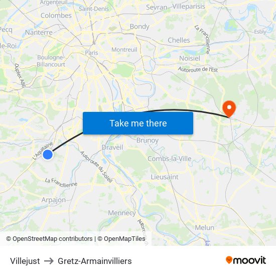Villejust to Gretz-Armainvilliers map