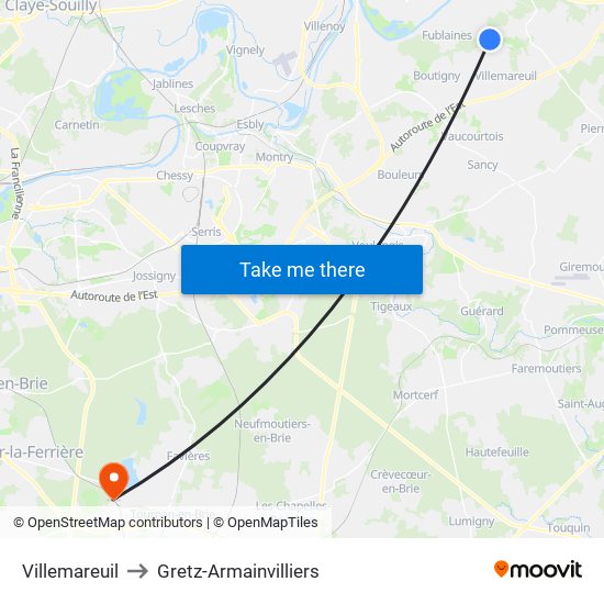 Villemareuil to Gretz-Armainvilliers map