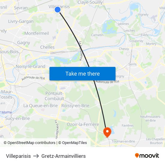 Villeparisis to Gretz-Armainvilliers map