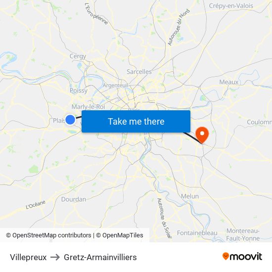 Villepreux to Gretz-Armainvilliers map