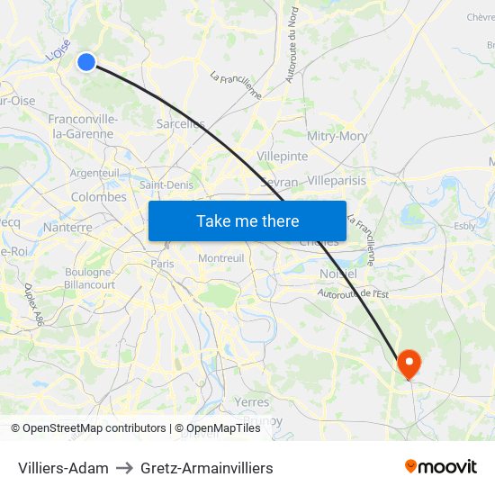 Villiers-Adam to Gretz-Armainvilliers map