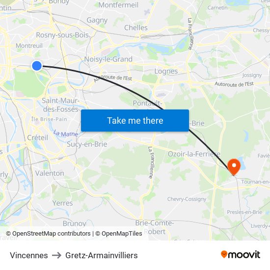 Vincennes to Gretz-Armainvilliers map