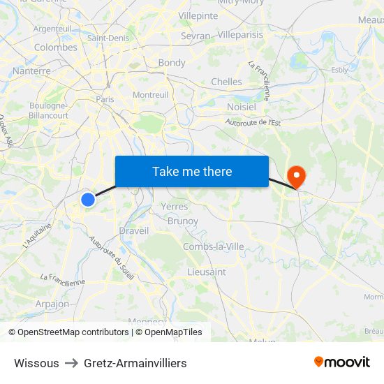Wissous to Gretz-Armainvilliers map