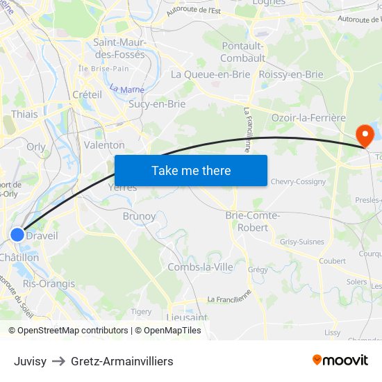 Juvisy to Gretz-Armainvilliers map