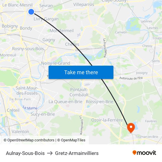 Aulnay-Sous-Bois to Gretz-Armainvilliers map