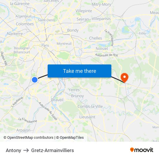 Antony to Gretz-Armainvilliers map