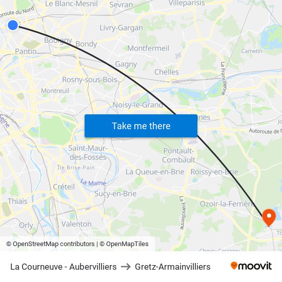 La Courneuve - Aubervilliers to Gretz-Armainvilliers map