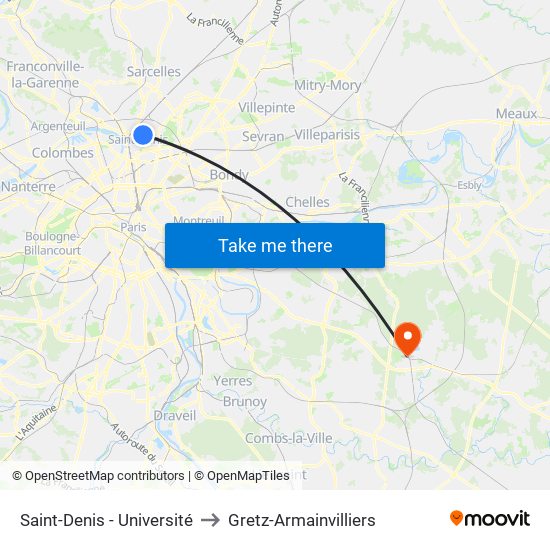 Saint-Denis - Université to Gretz-Armainvilliers map