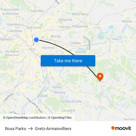 Rosa Parks to Gretz-Armainvilliers map