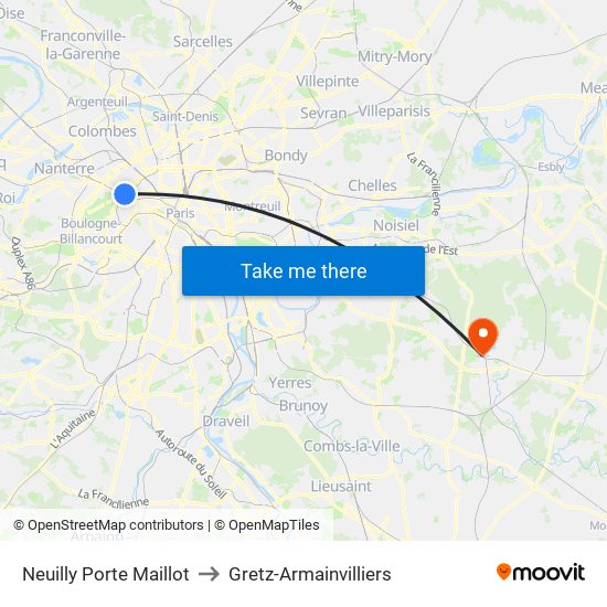 Neuilly Porte Maillot to Gretz-Armainvilliers map