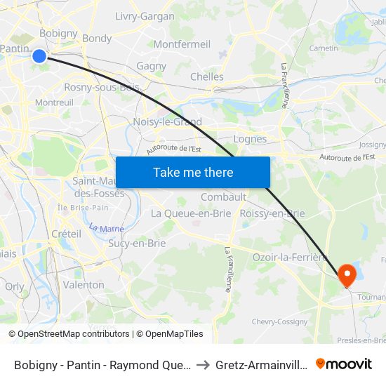 Bobigny - Pantin - Raymond Queneau to Gretz-Armainvilliers map