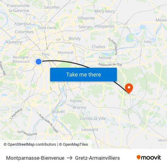 Montparnasse-Bienvenue to Gretz-Armainvilliers map