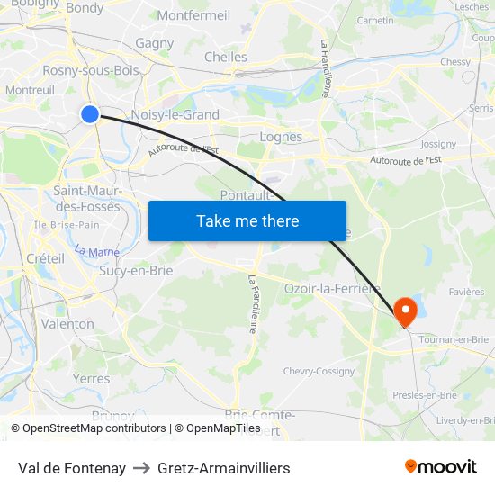 Val de Fontenay to Gretz-Armainvilliers map