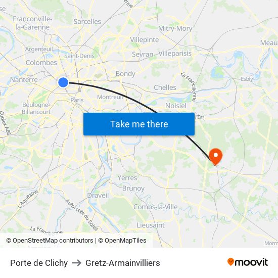 Porte de Clichy to Gretz-Armainvilliers map