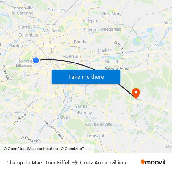 Champ de Mars Tour Eiffel to Gretz-Armainvilliers map