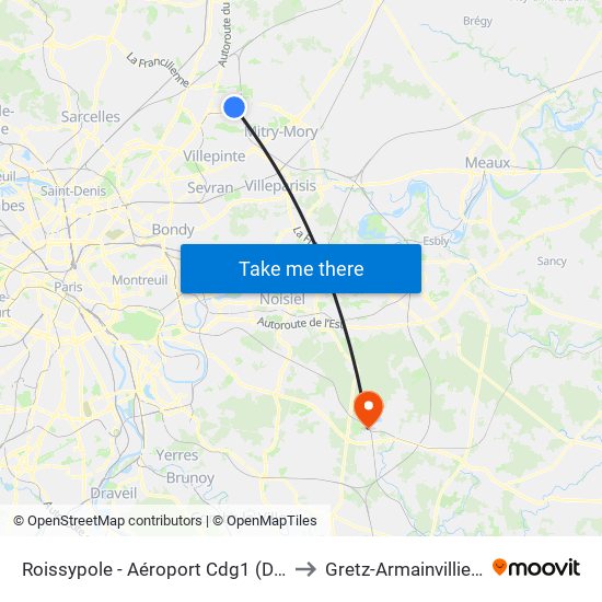 Roissypole - Aéroport Cdg1 (D3) to Gretz-Armainvilliers map