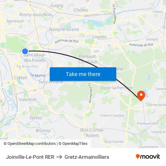 Joinville-Le-Pont RER to Gretz-Armainvilliers map