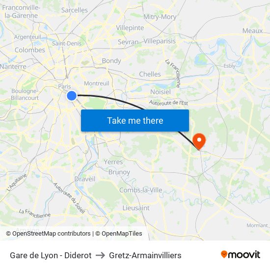 Gare de Lyon - Diderot to Gretz-Armainvilliers map