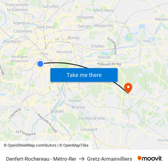 Denfert-Rochereau - Métro-Rer to Gretz-Armainvilliers map