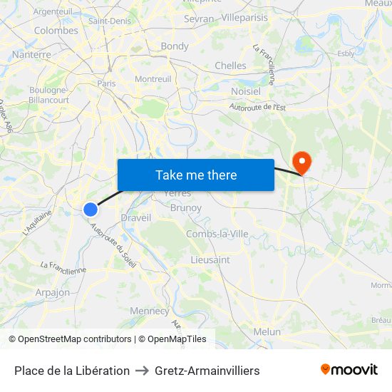 Place de la Libération to Gretz-Armainvilliers map