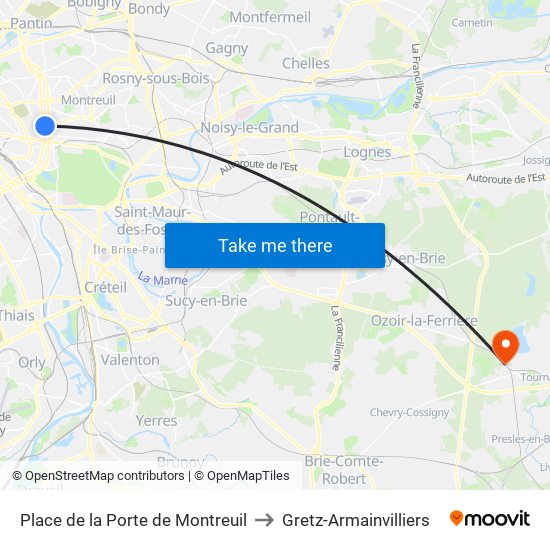 Place de la Porte de Montreuil to Gretz-Armainvilliers map