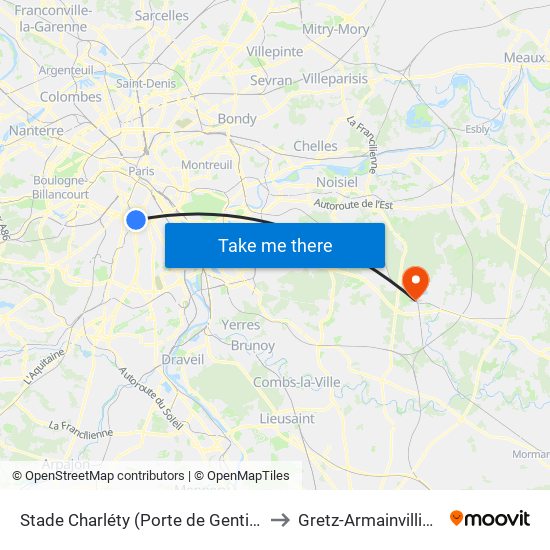 Stade Charléty (Porte de Gentilly) to Gretz-Armainvilliers map