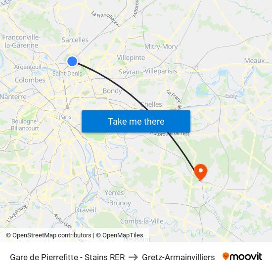 Gare de Pierrefitte - Stains RER to Gretz-Armainvilliers map