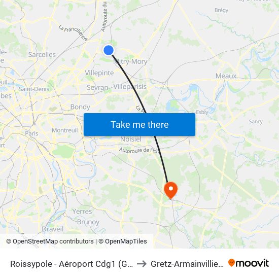 Roissypole - Aéroport Cdg1 (G1) to Gretz-Armainvilliers map