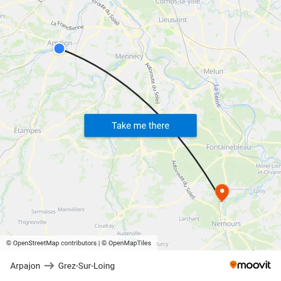 Arpajon to Grez-Sur-Loing map