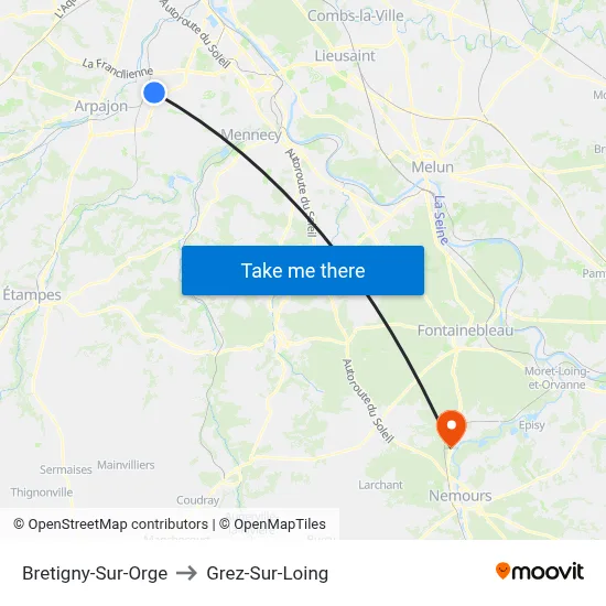Bretigny-Sur-Orge to Grez-Sur-Loing map