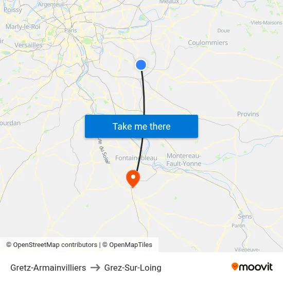 Gretz-Armainvilliers to Grez-Sur-Loing map