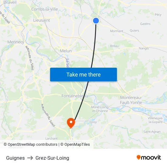Guignes to Grez-Sur-Loing map