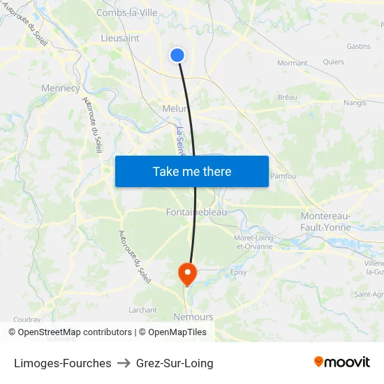 Limoges-Fourches to Grez-Sur-Loing map