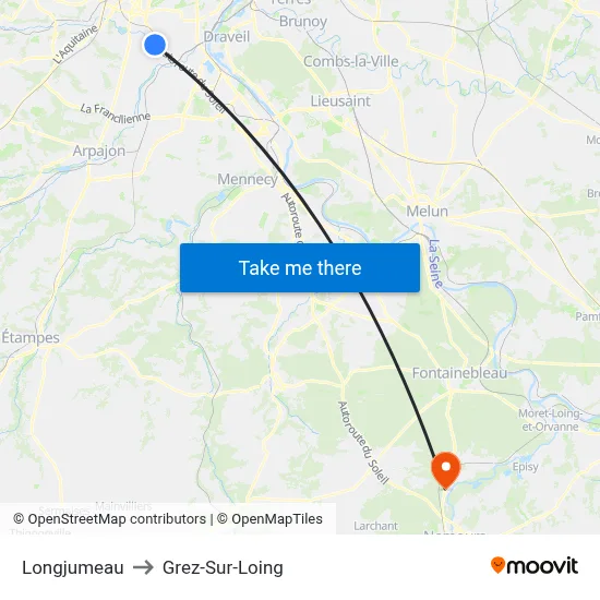 Longjumeau to Grez-Sur-Loing map