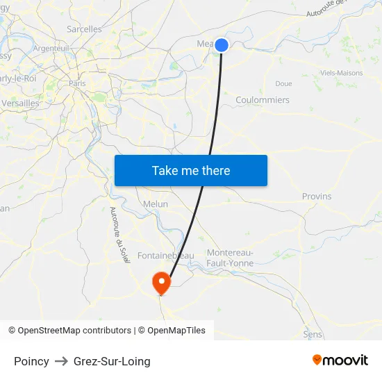 Poincy to Grez-Sur-Loing map