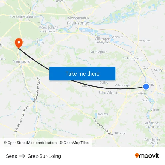 Sens to Grez-Sur-Loing map